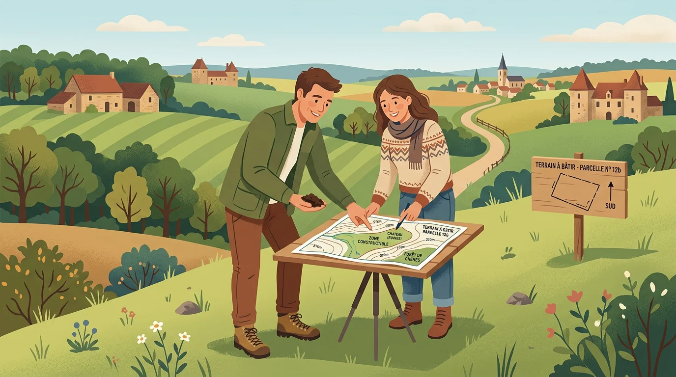 Illustration d'un couple européen examinant un terrain en pente en Dordogne