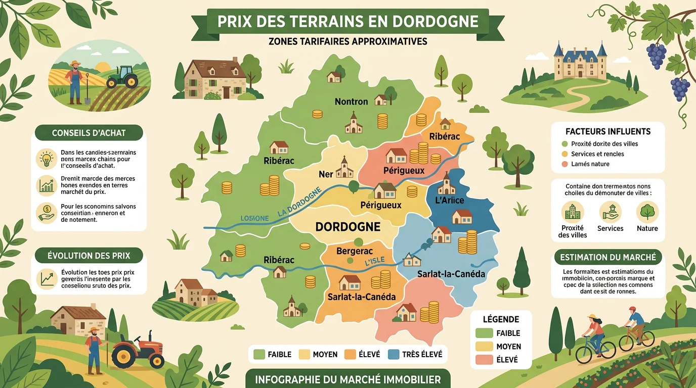 Carte illustrée des prix des terrains constructibles en Dordogne