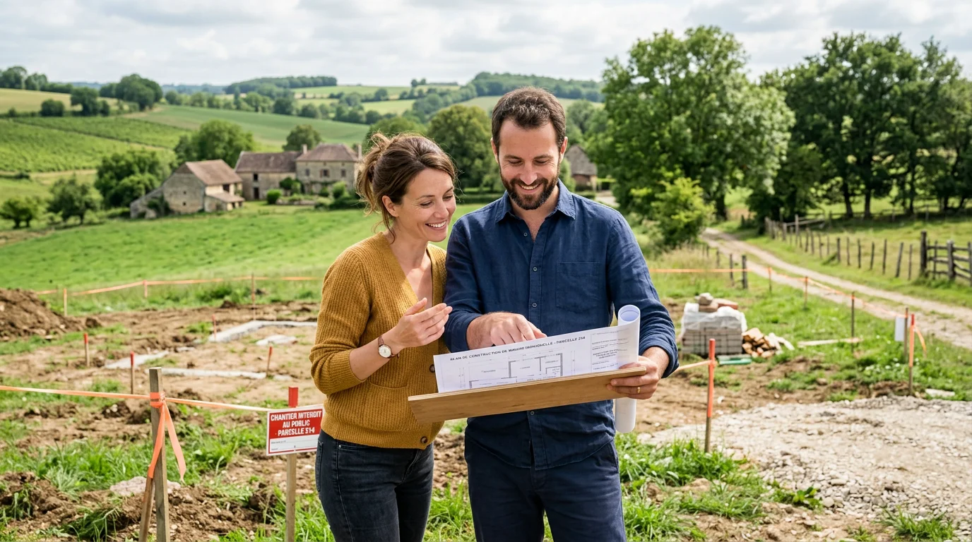 Un couple européen étudie ses plans de maison devant un terrain constructible dans le Périgord Vert