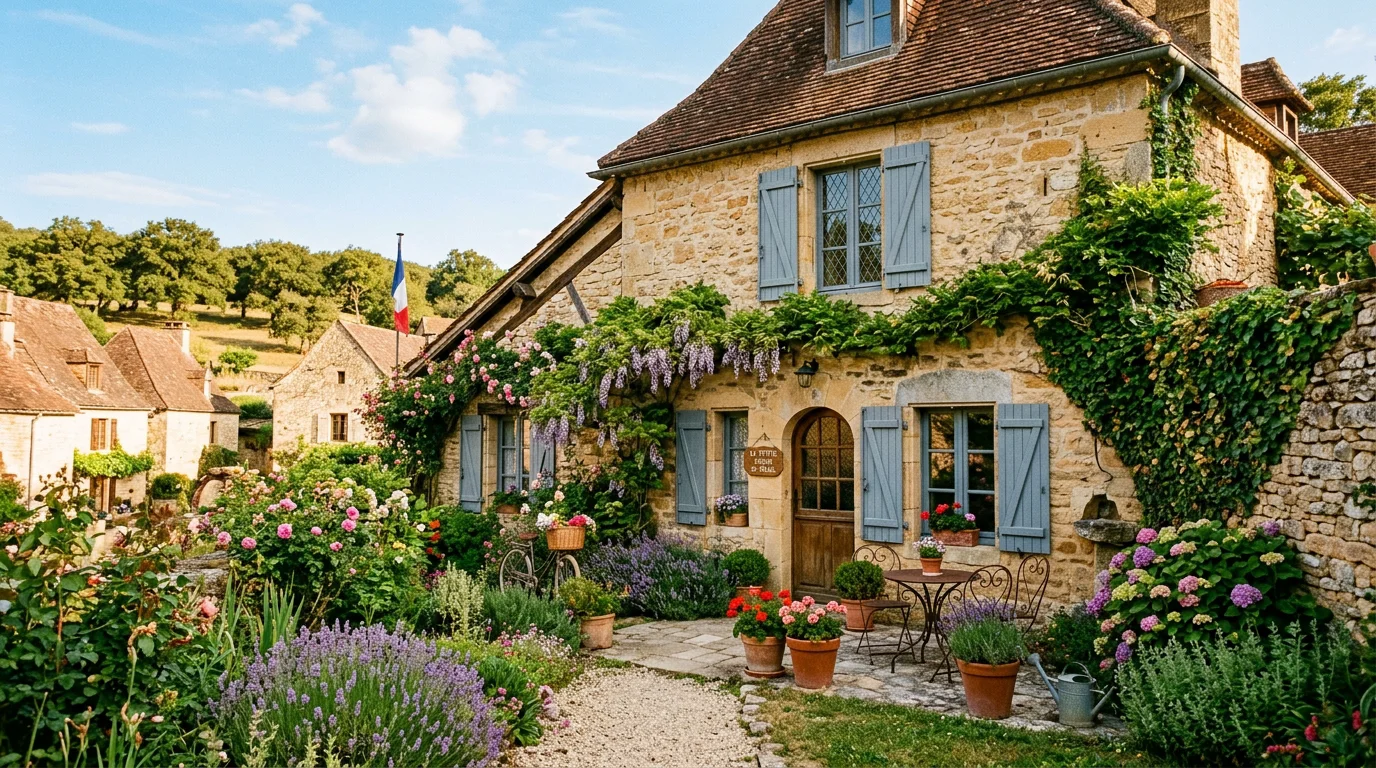 Maison en pierre avec jardin à Bergerac sous un ciel bleu