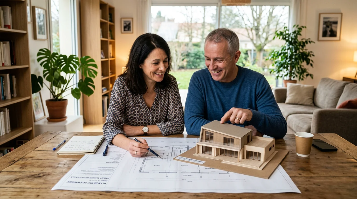 Couple européen étudiant les plans de sa future maison neuve