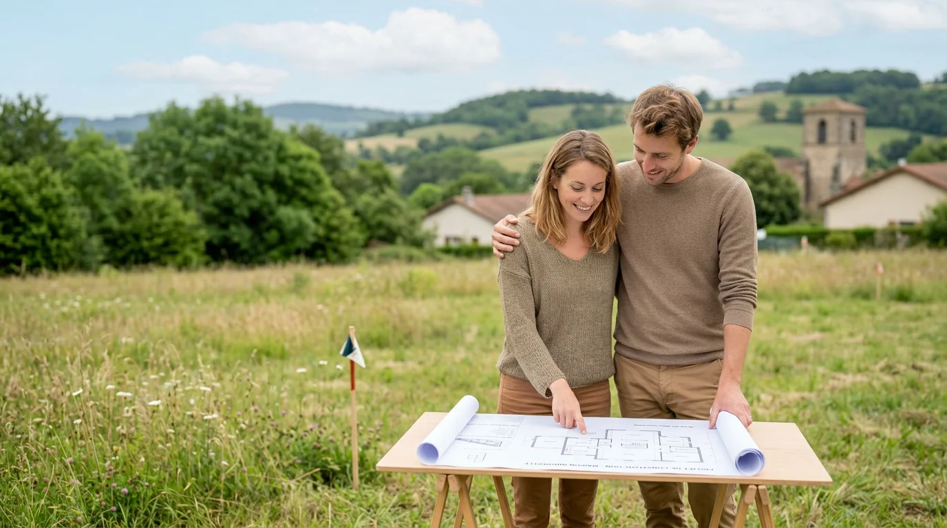 Un couple européen consulte des plans sur un terrain constructible à Brive-la-Gaillarde