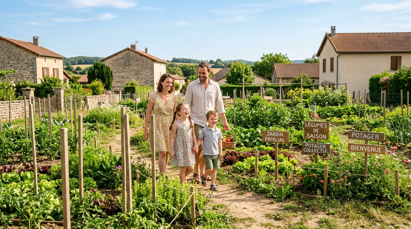 Une famille européenne visite un terrain à bâtir familial près de Brive-la-Gaillarde