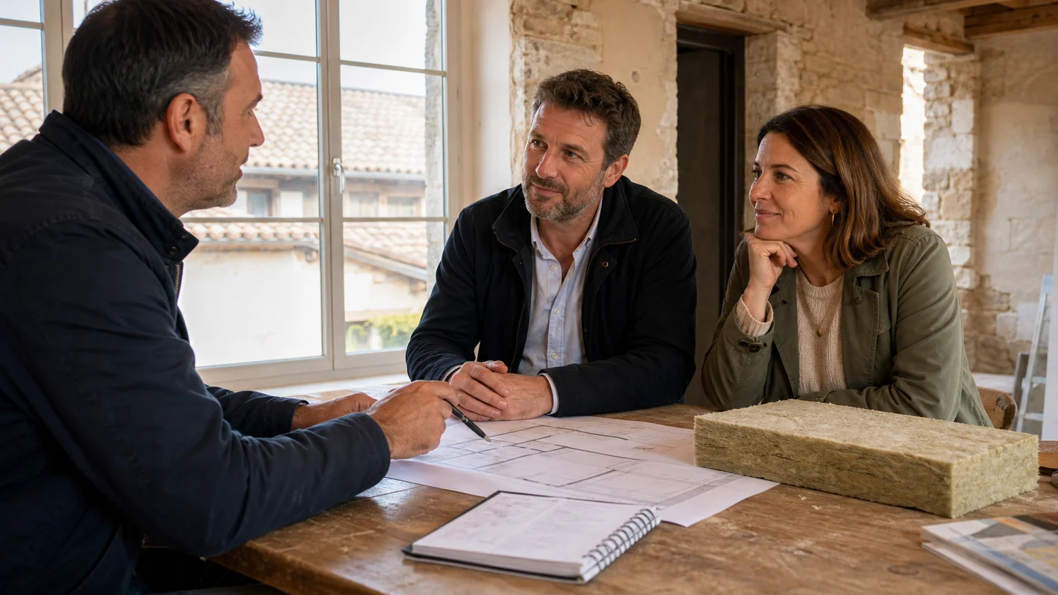 Couple échangeant avec un professionnel sur les étapes d’une rénovation énergétique