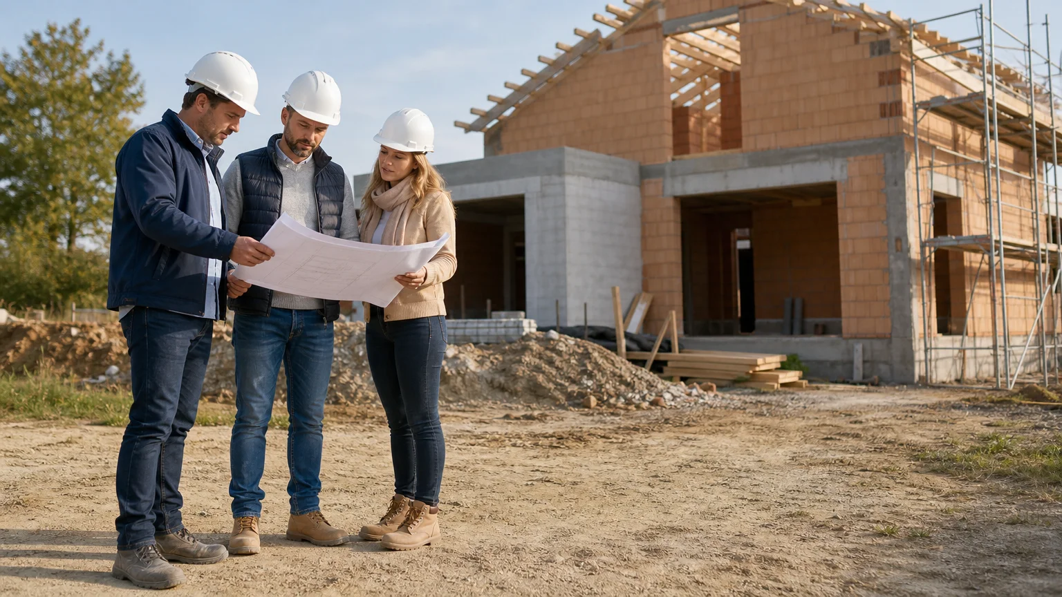 Conducteur de travaux présentant les plans d’une maison neuve à un couple