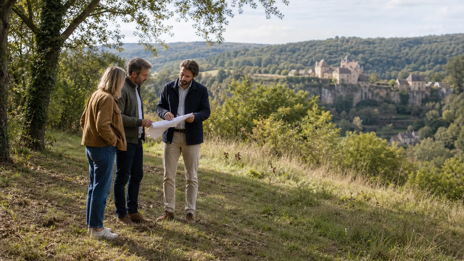 Couple visitant un terrain constructible près de Sarlat-la-Canéda