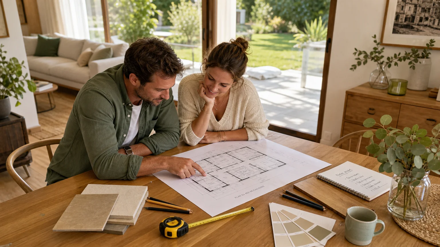 Couple consultant un plan de maison familiale autour d’une table