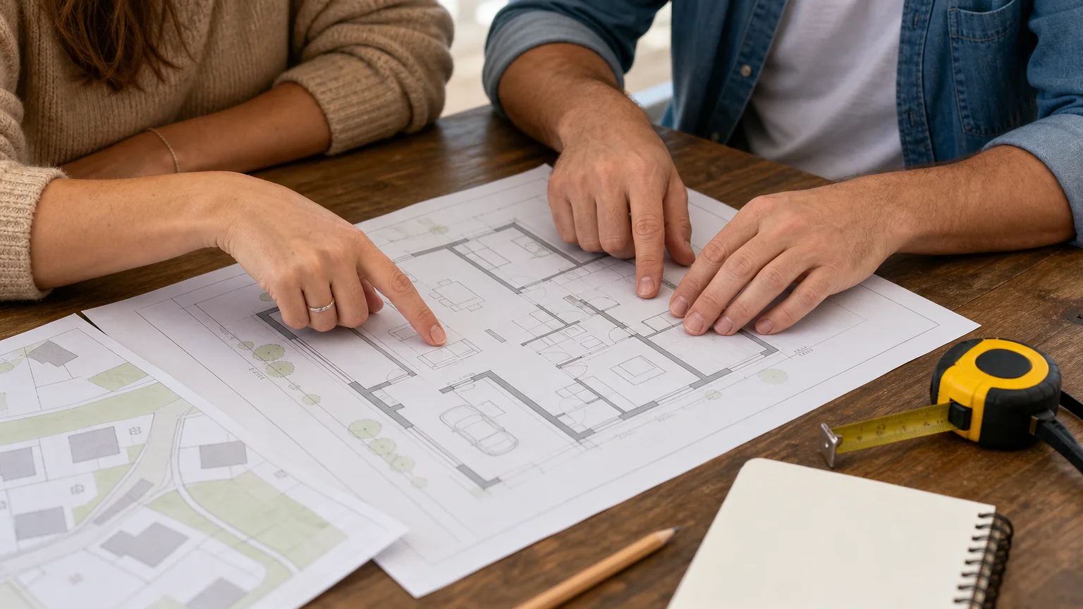 Couple étudiant un plan de maison et un terrain