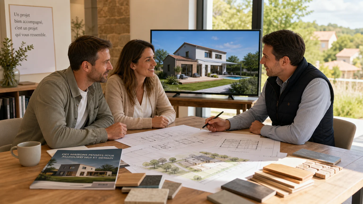 Un couple examine une maquette 3D de maison avec un professionnel de la construction