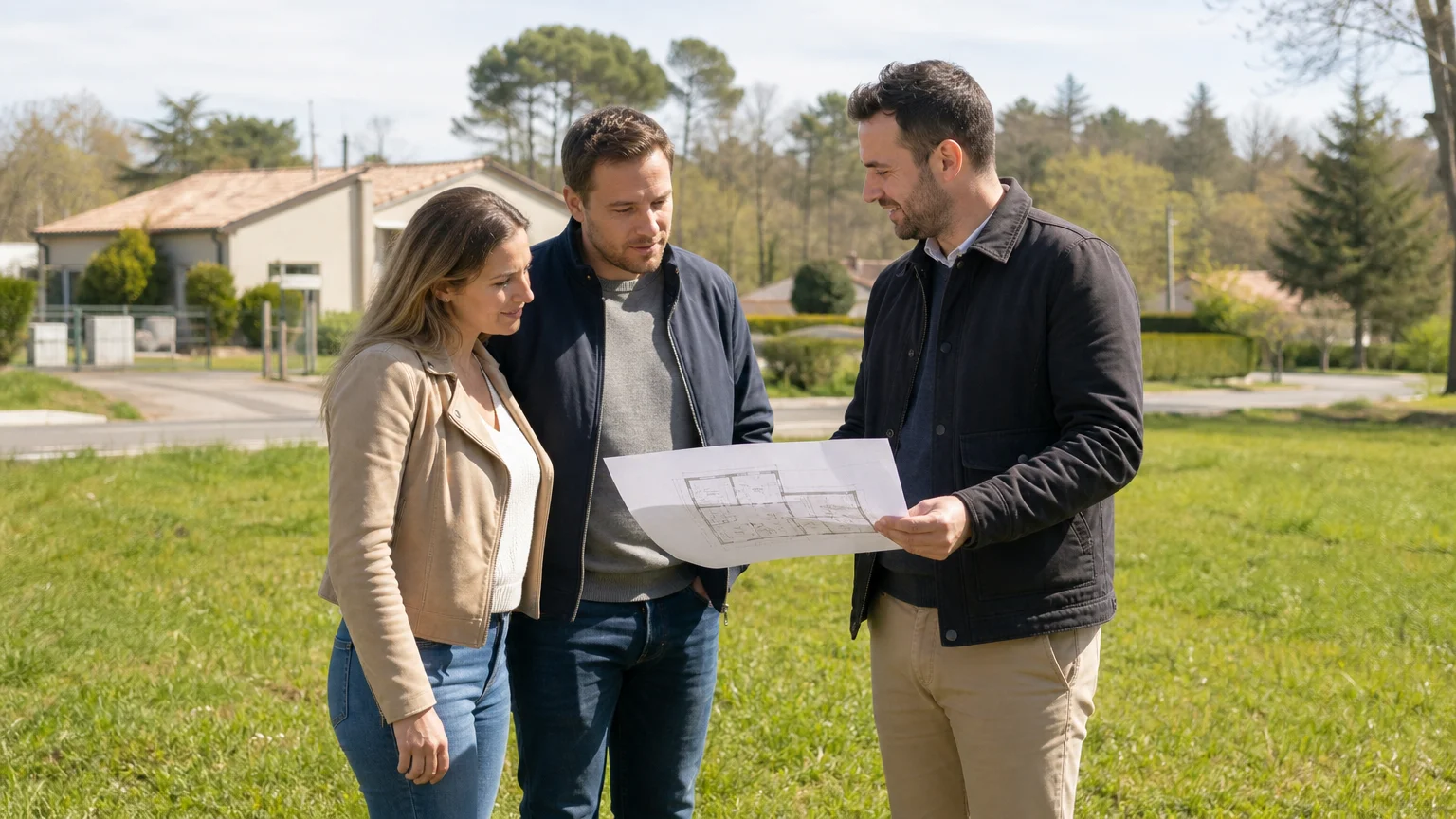 Couple étudiant un projet de construction sur un terrain à Camarsac