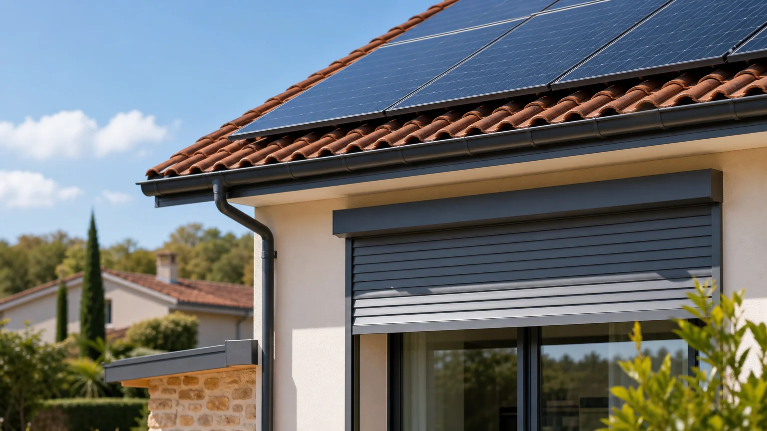 Panneaux photovoltaïques et protections solaires d’une maison performante