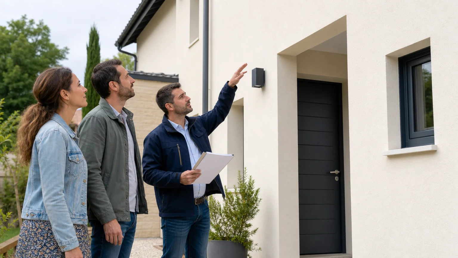 Couple vérifiant les finitions de leur maison avec un conducteur de travaux
