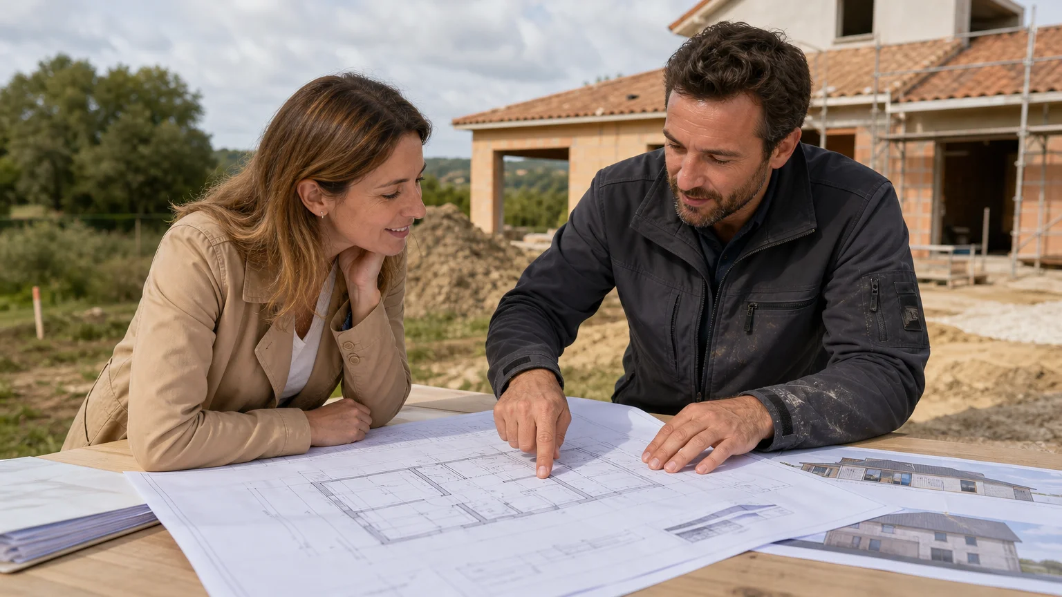 Particulière et professionnel examinant les plans d’une maison