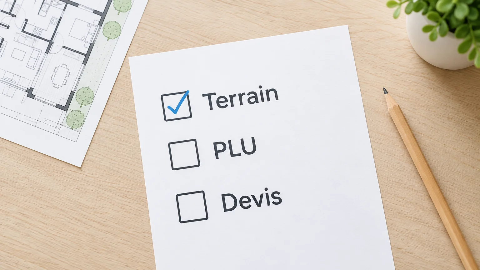Checklist de préparation d’une extension avec les points terrain, PLU et devis.