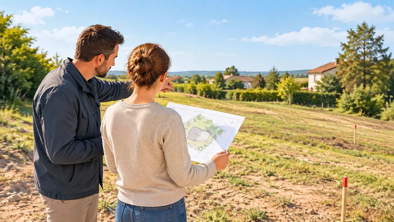 Un professionnel et un futur propriétaire étudient l’implantation d’une maison sur un terrain en pente.