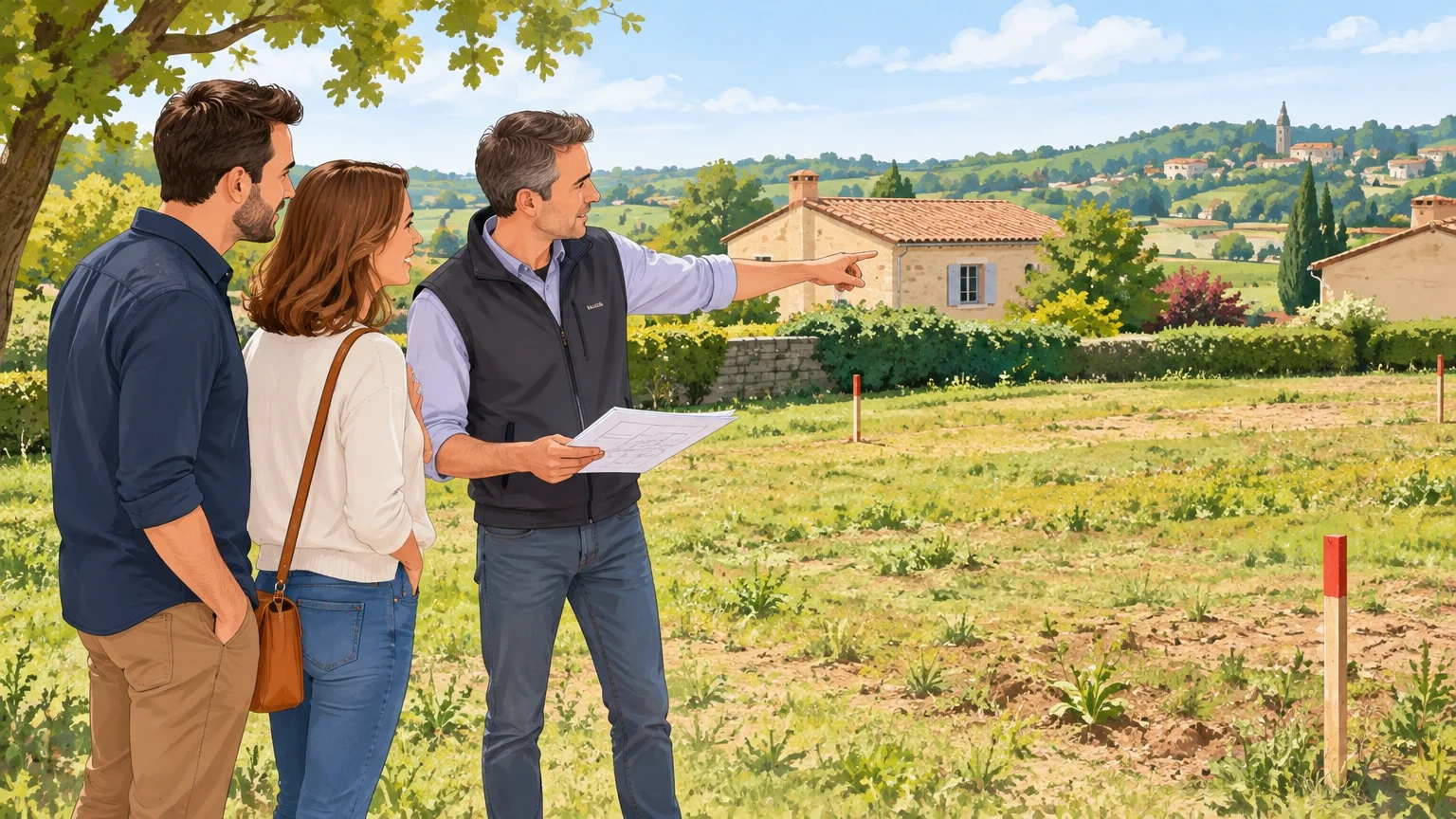 Un couple et un professionnel observent un terrain à bâtir en Dordogne