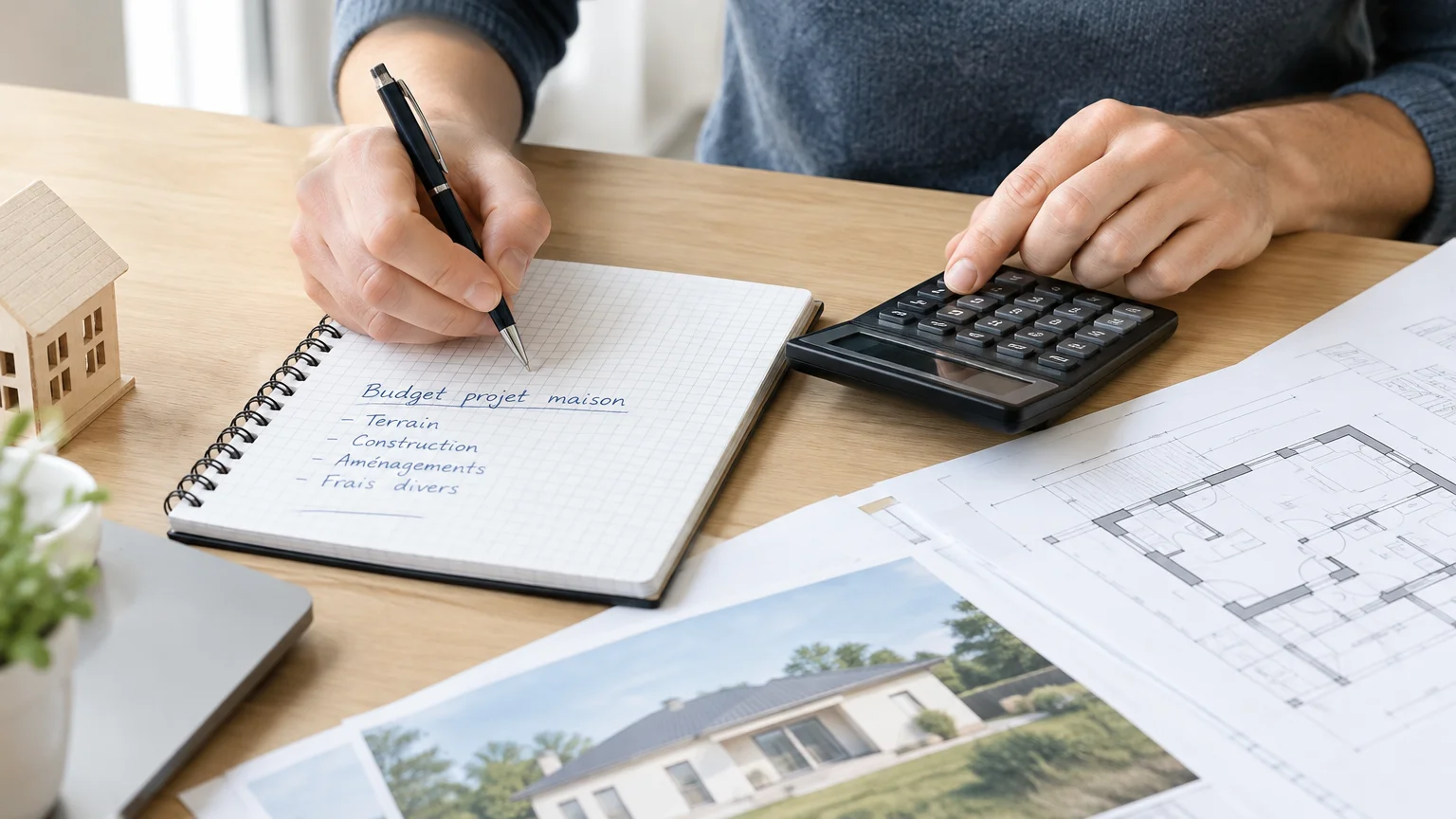 Mains préparant un budget de construction avec calculatrice et documents