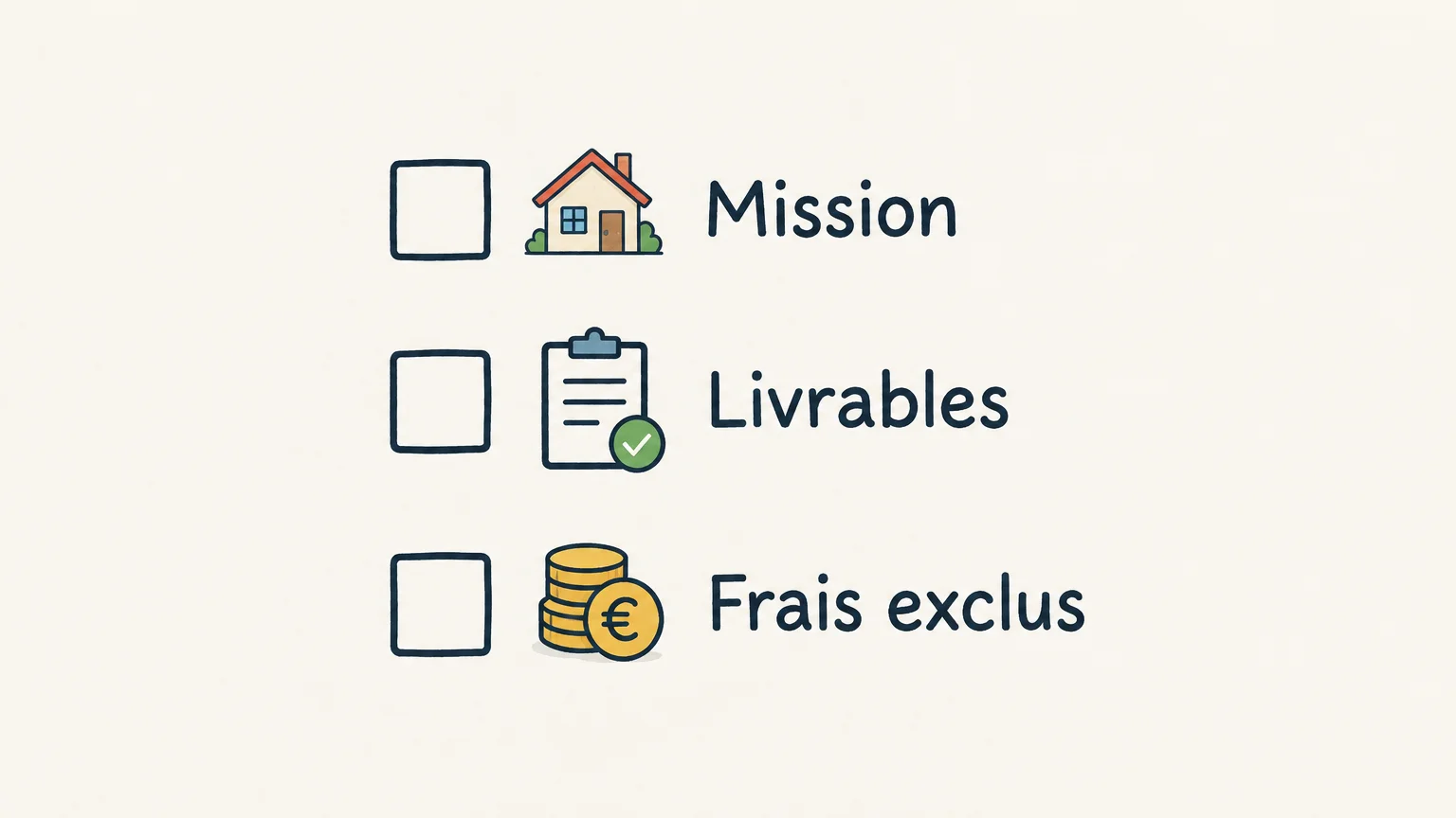 Checklist de devis avec trois critères : mission, livrables et frais exclus.