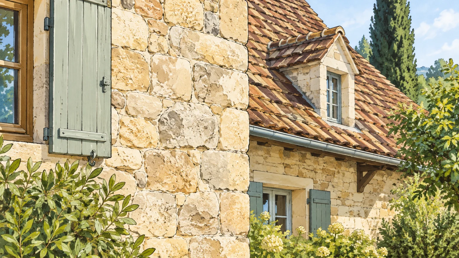 Détail de pierre et de toiture sur une maison rurale du Périgord