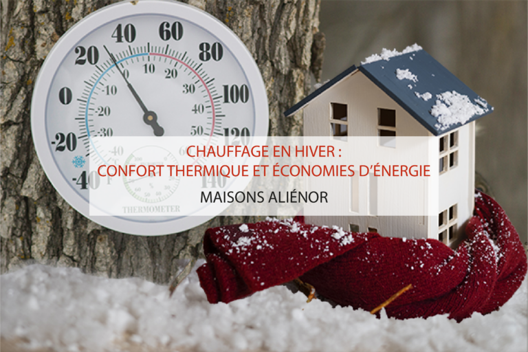 Un thermomètre rond placé devant un tronc d'arbre, à côté d'une maison, symbolisant le contrôle de la température et l'importance du confort thermique en hiver, accompagné d'une écharpe suggérant la notion de chaleur et de protection contre le froid.